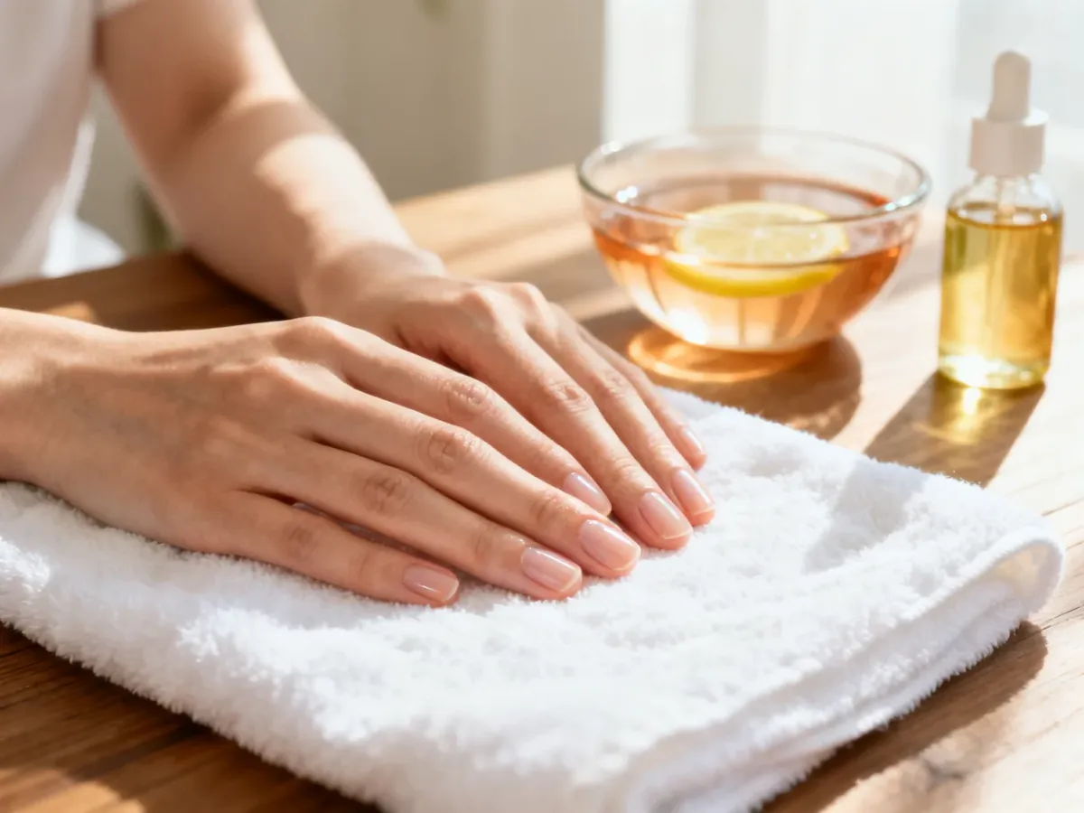 Zadbane dłonie z nawilżonymi skórkami spoczywające na białym ręczniku w otoczeniu akcesoriów do domowego manicure.