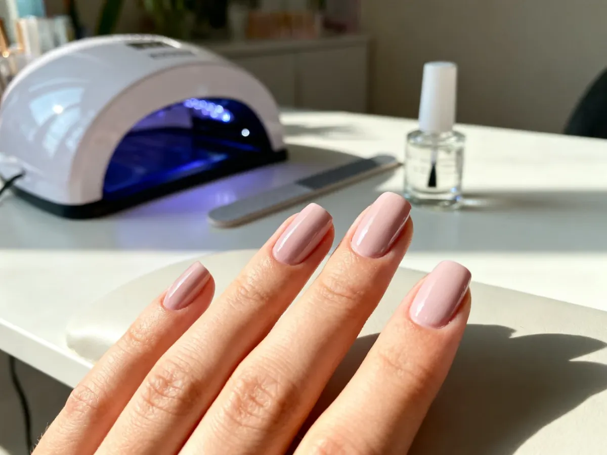 Zadbana dłoń z idealnie nałożonym pastelowym lakierem hybrydowym na tle profesjonalnych akcesoriów do manicure.