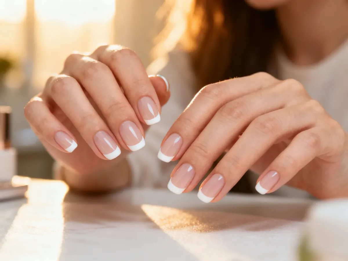 Zadbane dłonie z klasycznym french manicure na owalnych paznokciach w eleganckim salonie kosmetycznym.