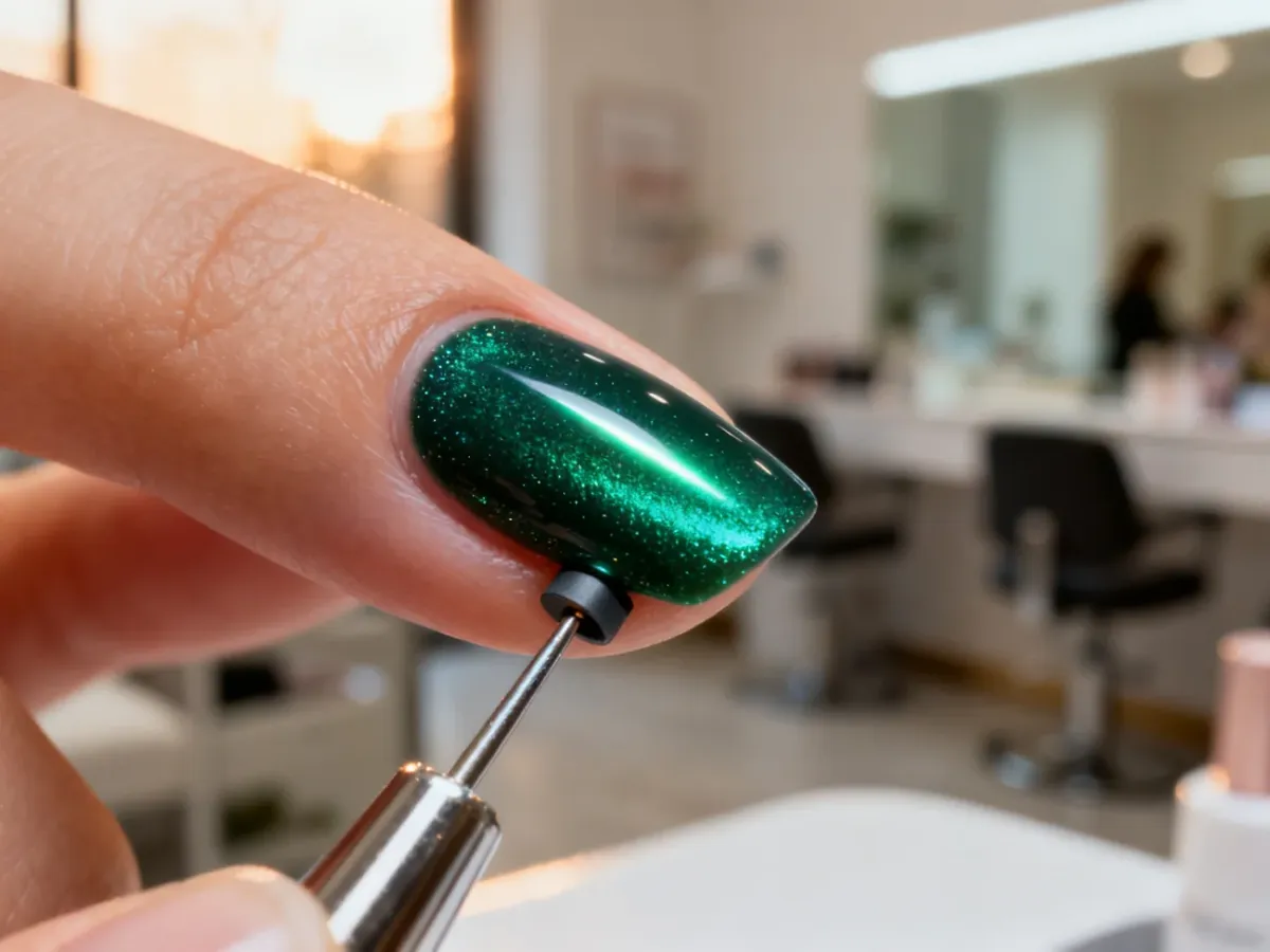 Dłoń z szmaragdowym manicure typu cat eye, przy której trzymany jest magnes tworzący efektowną poświatę na paznokciu.