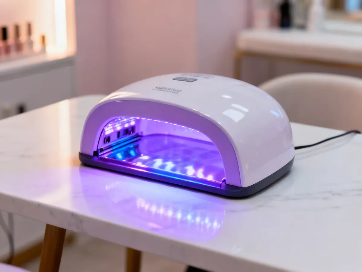 Nowoczesna lampa UV do paznokci emitująca fioletowe światło, ustawiona na minimalistycznym marmurowym blacie.