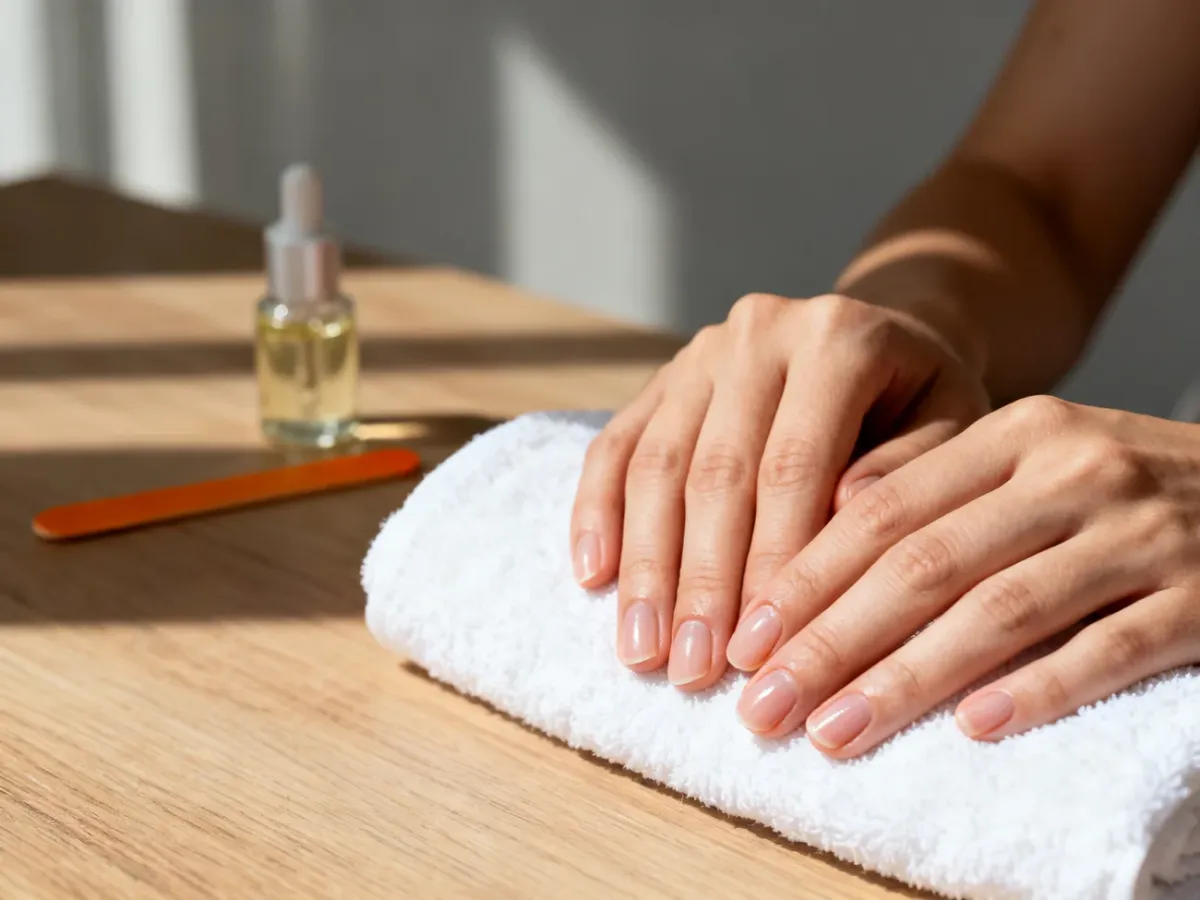 Zadbane dłonie z nawilżonymi skórkami na tle olejku do paznokci i patyczka, podkreślające efekt profesjonalnego manicure.