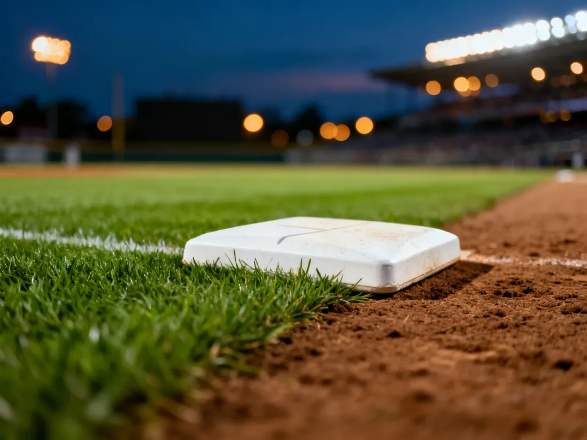 Baza na boisku baseballowym o zmierzchu, z rozmytymi światłami stadionu w tle.