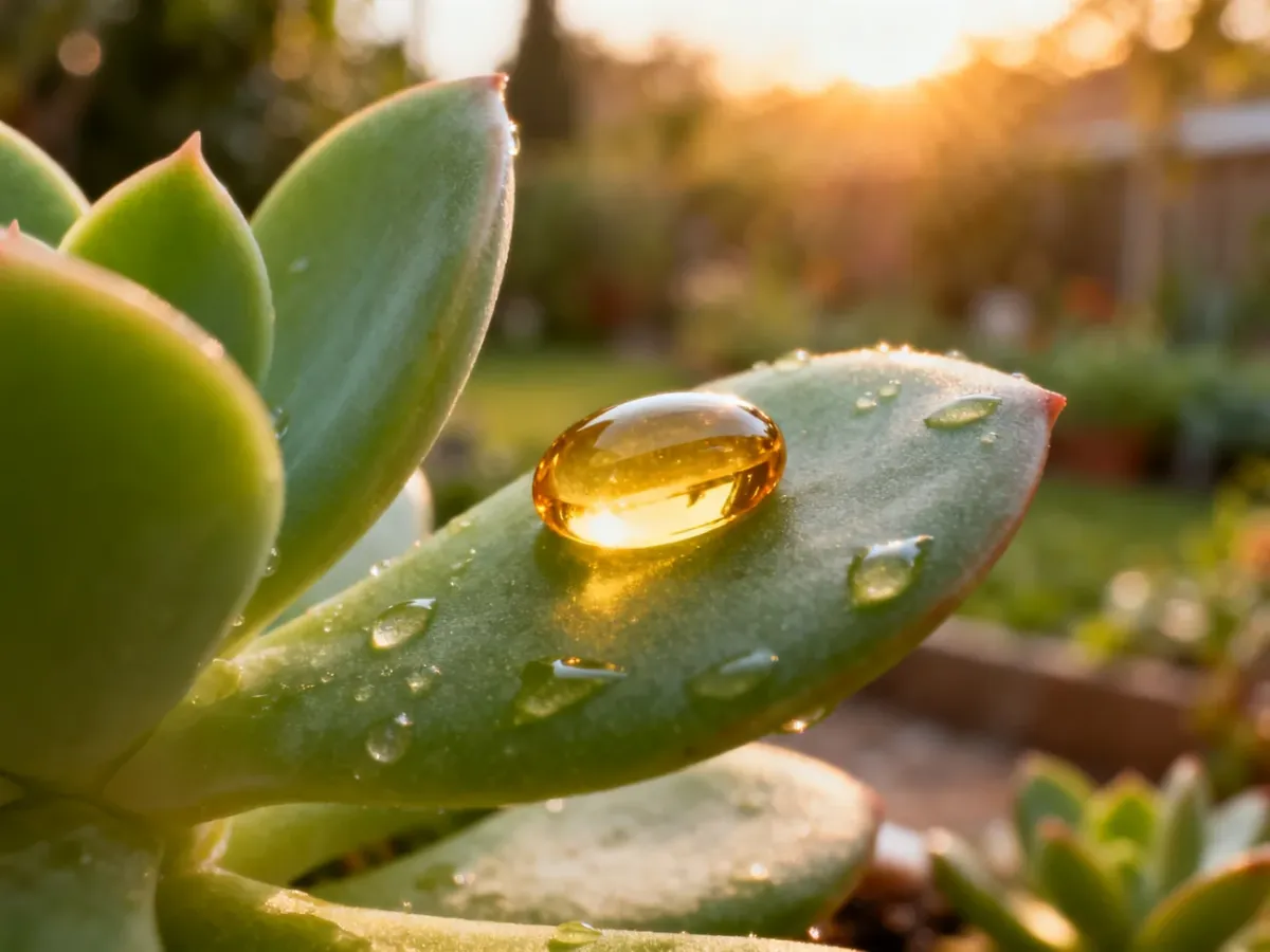 Złota kropla olejku jojoba na soczystym zielonym liściu, podkreślająca naturalne i nawilżające właściwości produktu.