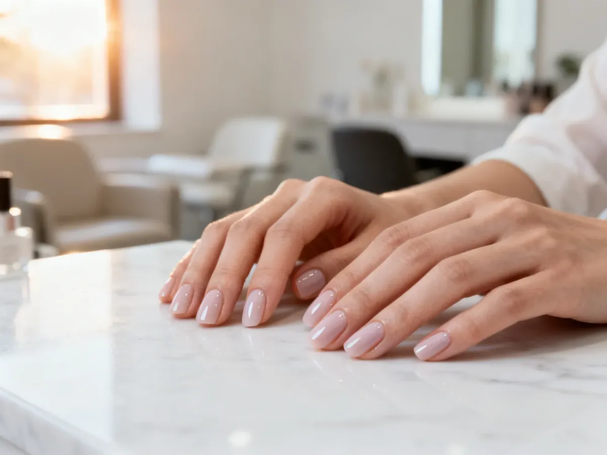 Zadbane dłonie z pastelowym manicure żelowym na marmurowym blacie w estetycznym wnętrzu salonu kosmetycznego.