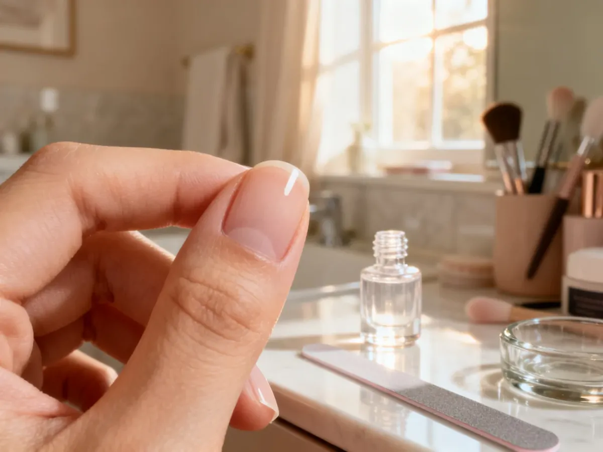 Zadbana dłoń z idealnie naprawionym paznokciem po domowym zabiegu, w otoczeniu akcesoriów do manicure w jasnej tonacji.