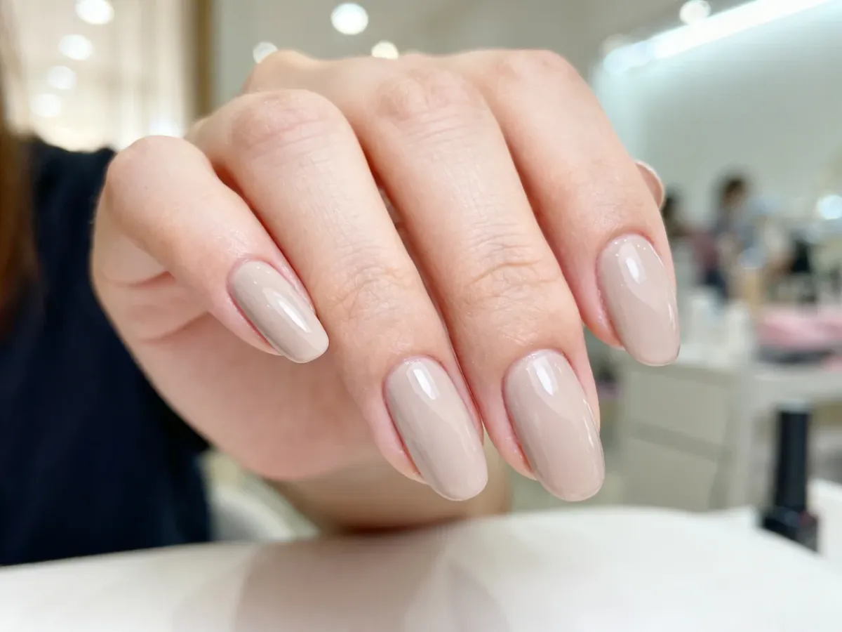Zadbana dłoń z profesjonalnie wykonanym manicure żelowym w naturalnym odcieniu, prezentująca estetyczny odrost paznokci.