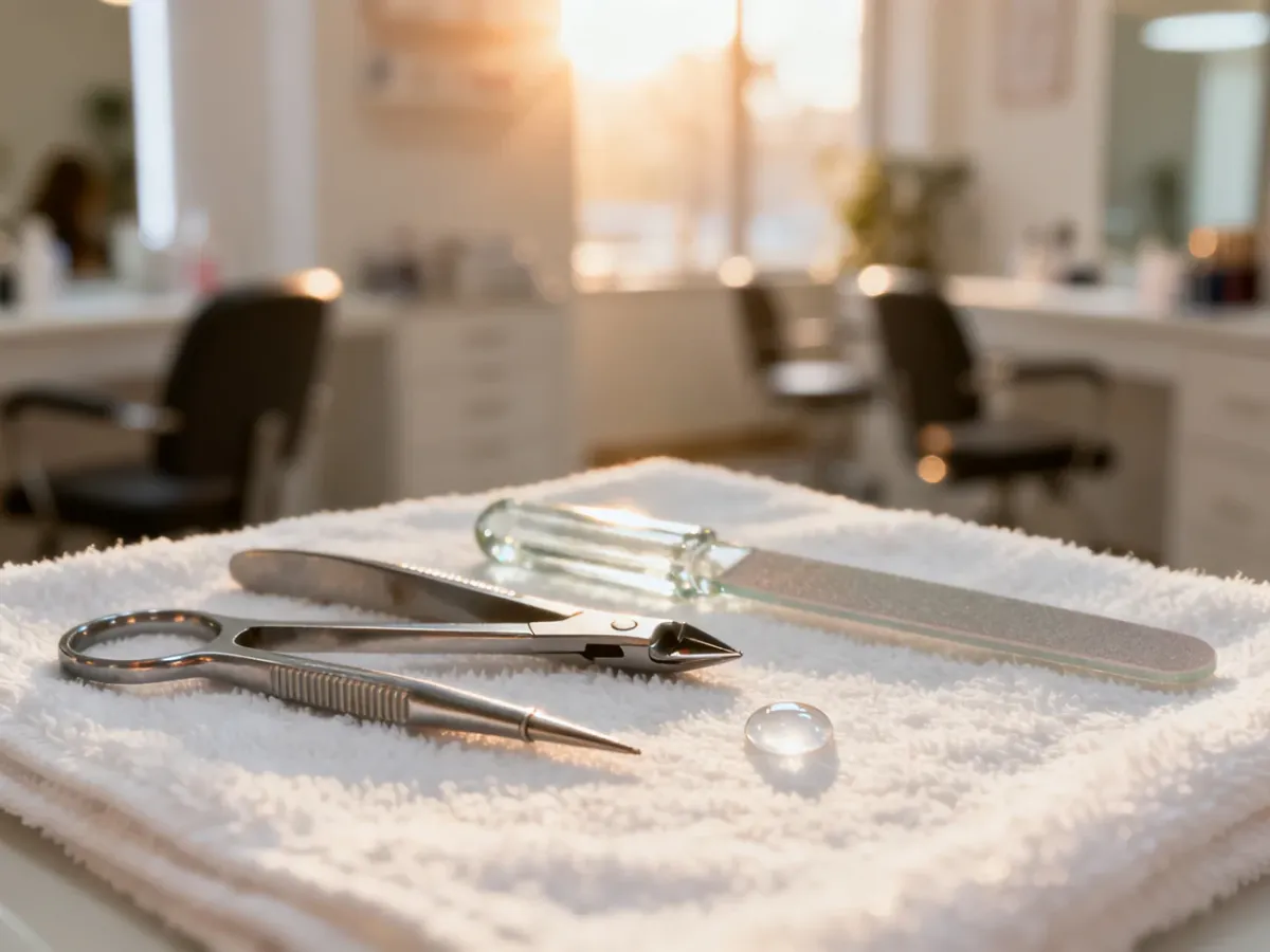 Profesjonalne narzędzia do manicure i żel wzmacniający na sterylnym stanowisku w salonie kosmetycznym.
