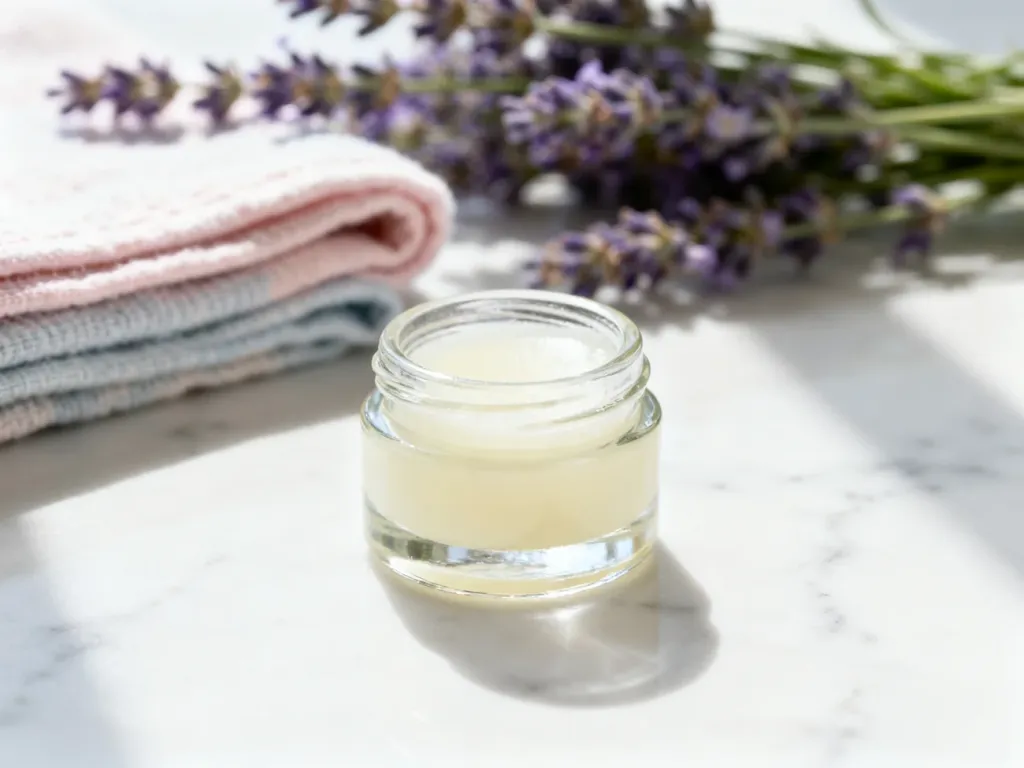 Słoiczek organicznego balsamu do ust na marmurowym blacie, otoczony gałązkami lawendy i lnianym ręcznikiem.