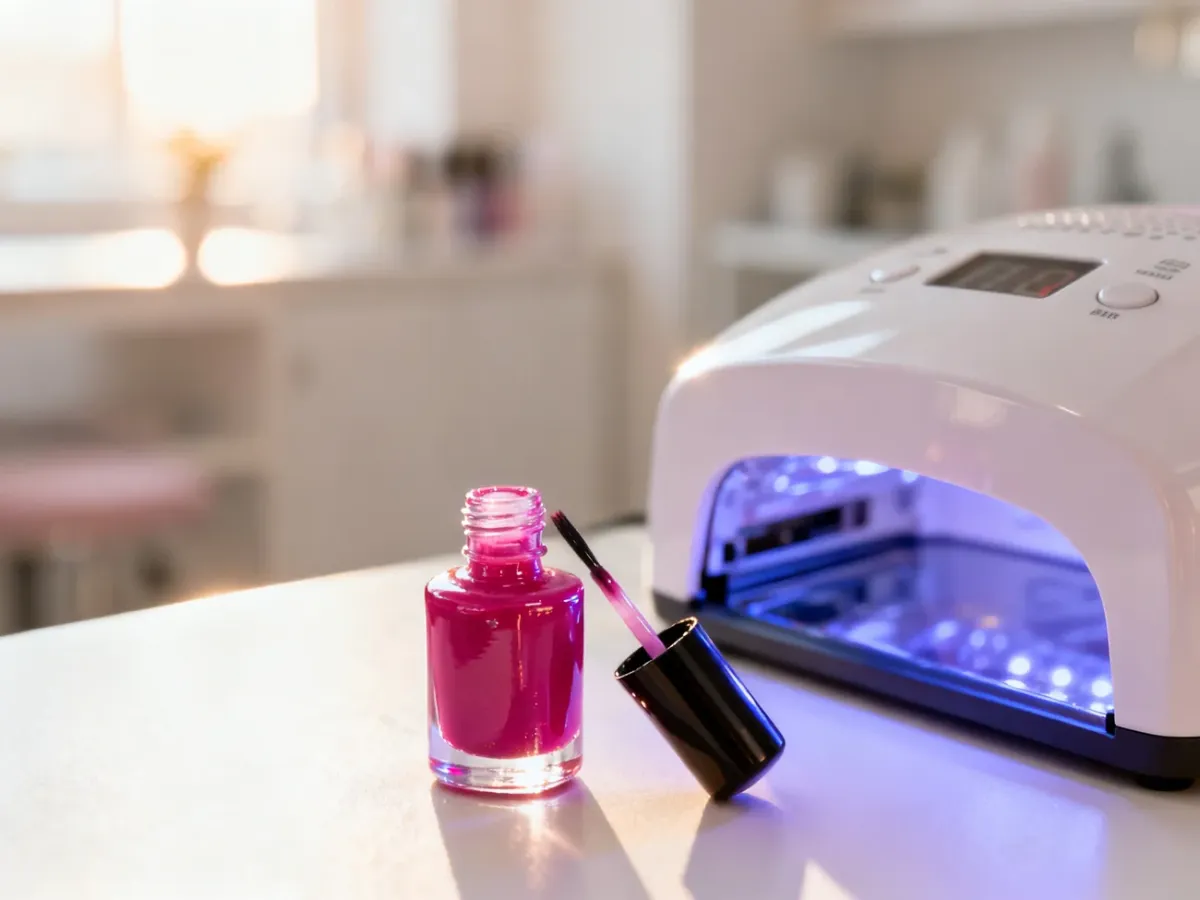 Profesjonalne stanowisko do manicure z otwartym lakierem hybrydowym i lampą UV w jasnym, minimalistycznym salonie.