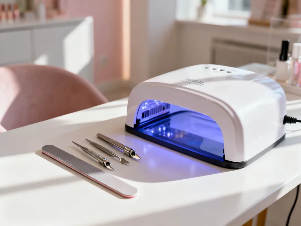 Profesjonalne narzędzia do manicure oraz lampa UV na białym blacie, gotowe do bezpiecznego usuwania hybrydy.