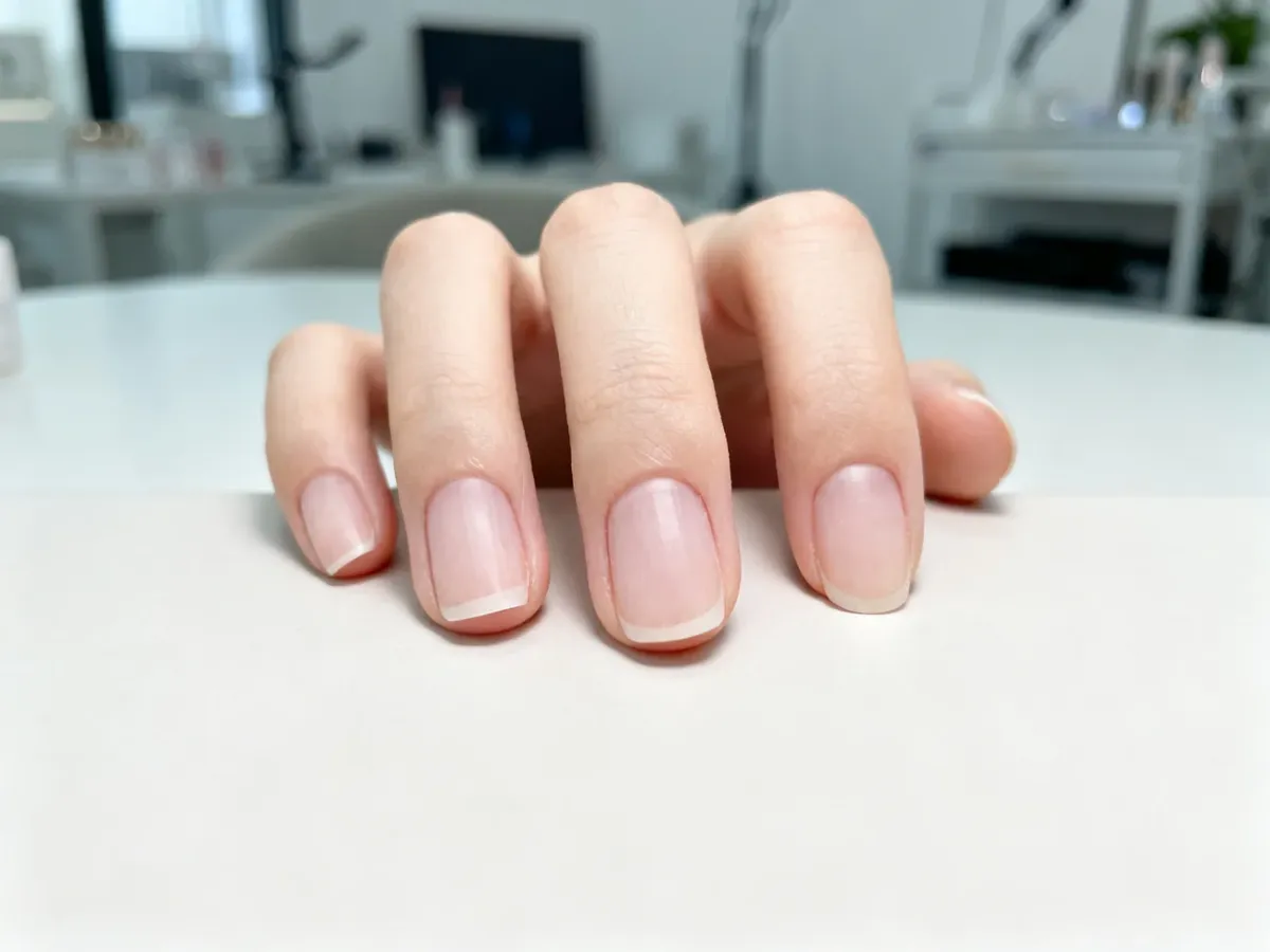 Perfekcyjnie wykonany manicure hybrydowy z precyzyjnie opracowanymi skórkami na minimalistycznym tle.