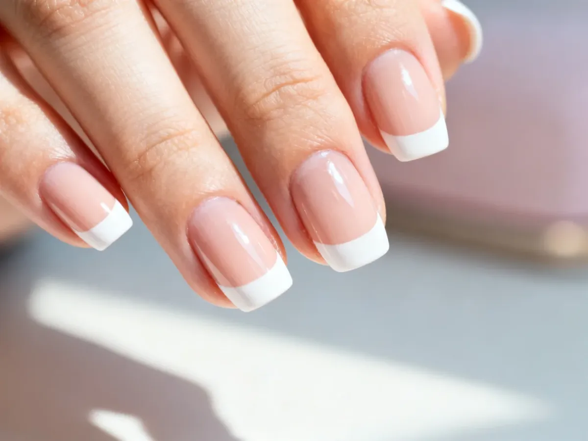 Klasyczny manicure francuski z białymi końcówkami i błyszczącą bazą w odcieniu nude na zadbanych paznokciach.