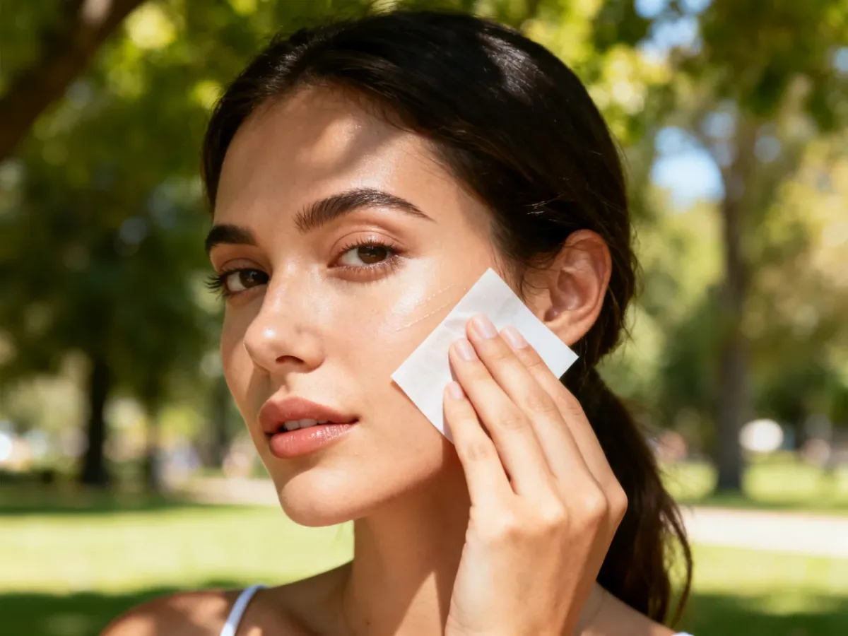 Woman blotting excess shine from her face with mattifying paper