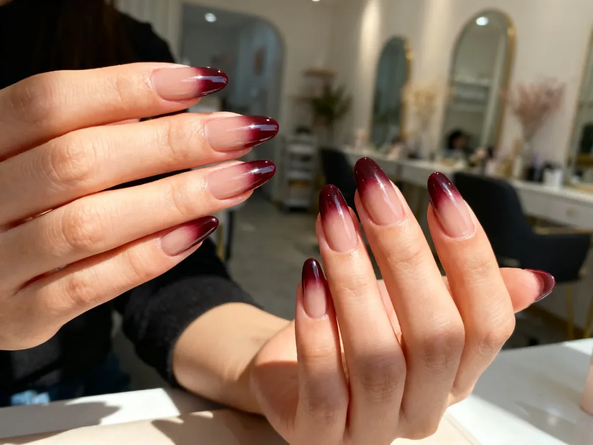 Eleganckie dłonie z modnym manicure w odcieniach nude i burgunda, prezentujące stylową stylizację paznokci.
