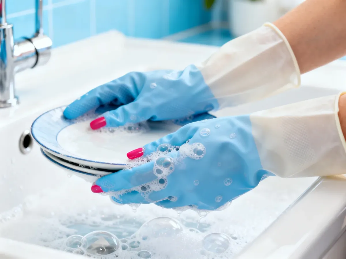 Dłonie w rękawiczkach chroniące manicure podczas mycia naczyń