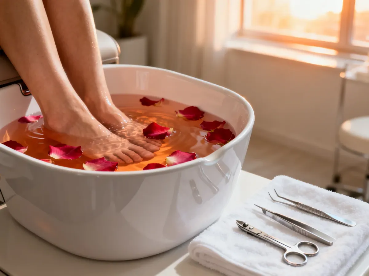 Profesjonalne stanowisko do pedicure z misą z płatkami róż i zestawem narzędzi w nowoczesnym salonie kosmetycznym.