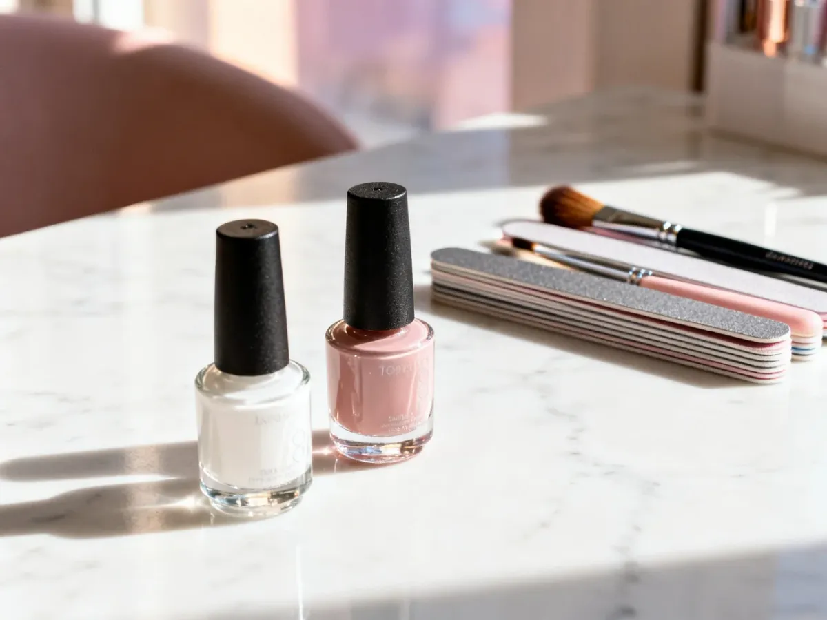 Baza i top coat wraz z akcesoriami do manicure na marmurowym blacie w profesjonalnym salonie kosmetycznym.