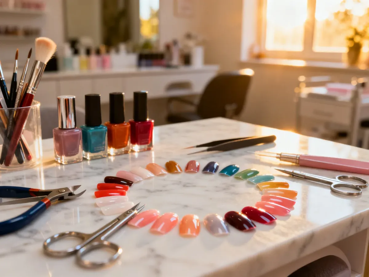 Profesjonalne narzędzia do manicure i kolorowe lakiery na marmurowym blacie w salonie kosmetycznym.