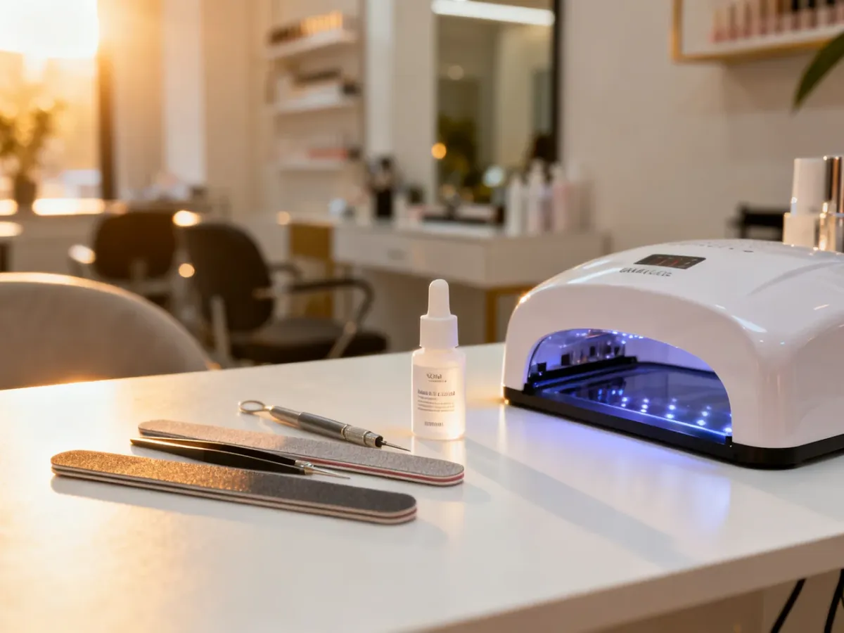 Profesjonalne narzędzia do manicure, w tym pilniki, primer i lampa UV, przygotowane na stanowisku pracy w salonie kosmetycznym.