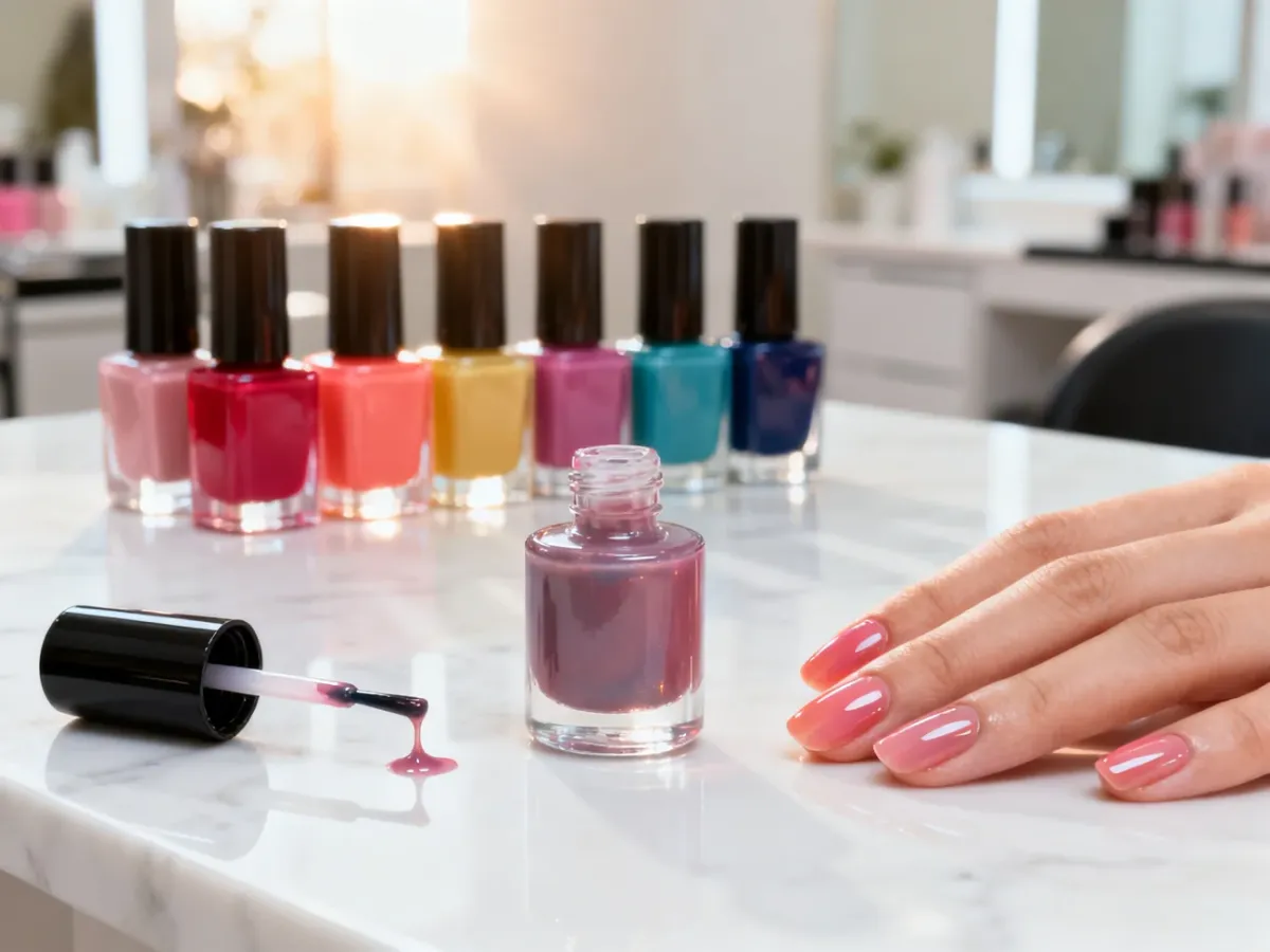 Zestaw kolorowych lakierów hybrydowych na marmurowym blacie oraz dłoń z profesjonalnie wykonanym manicure żelowym.