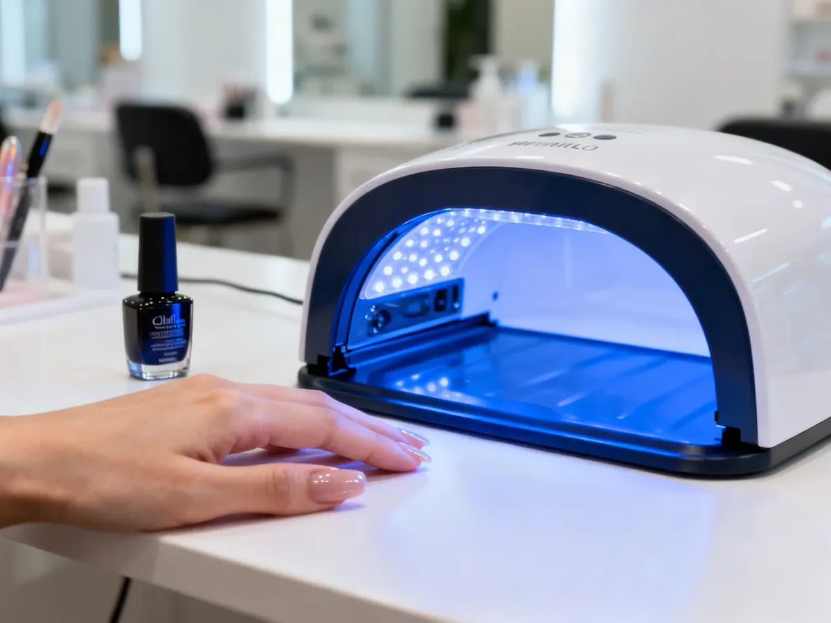 Profesjonalna lampa UV/LED z dłonią podczas utwardzania lakieru hybrydowego w salonie kosmetycznym.