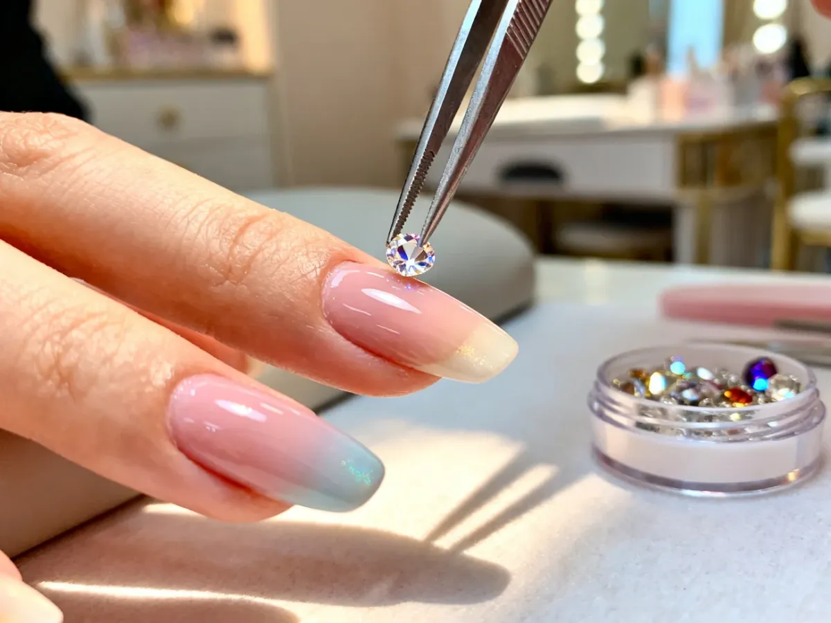 Pęseta precyzyjnie umieszcza błyszczącą cyrkonię na pomalowanym paznokciu, ilustrując proces zdobienia manicure.