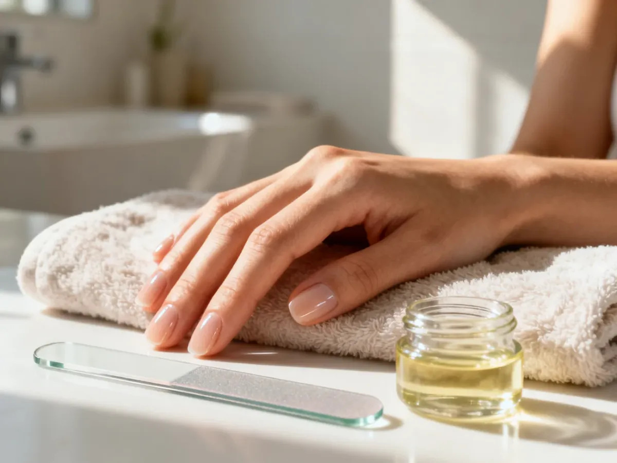 Zadbana dłoń z naturalnymi paznokciami, szklanym pilnikiem i olejkiem do skórek w domowym spa.