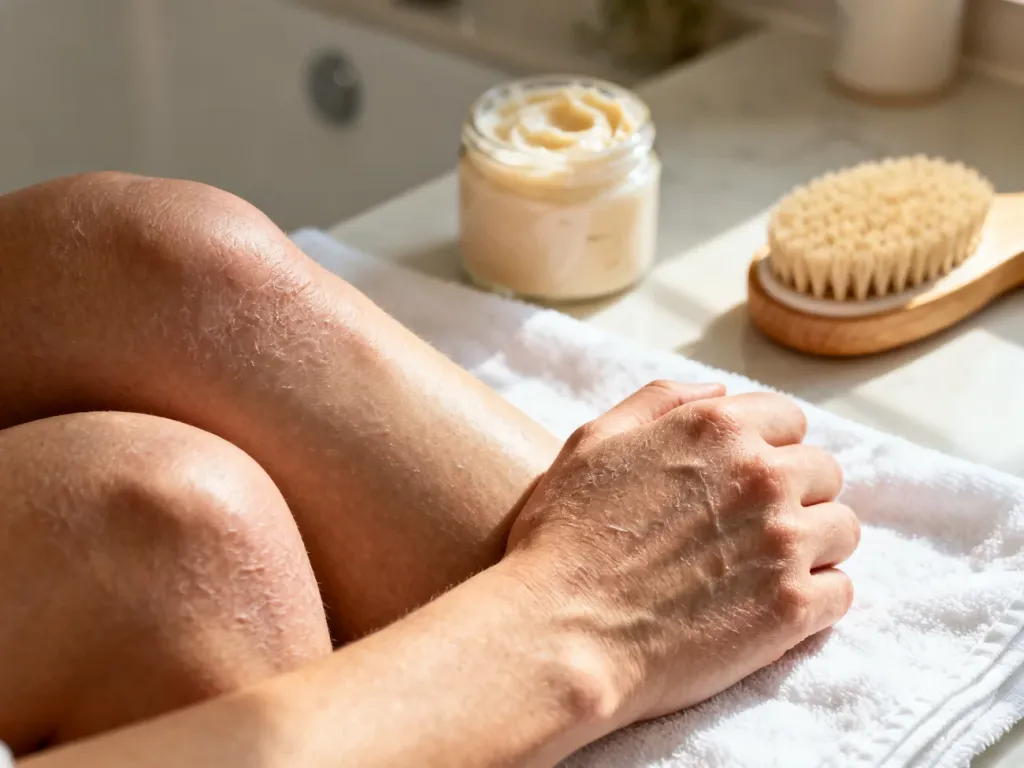 Suche i szorstkie łokcie oraz kolana na tle kosmetyków do pielęgnacji w domowym spa.
