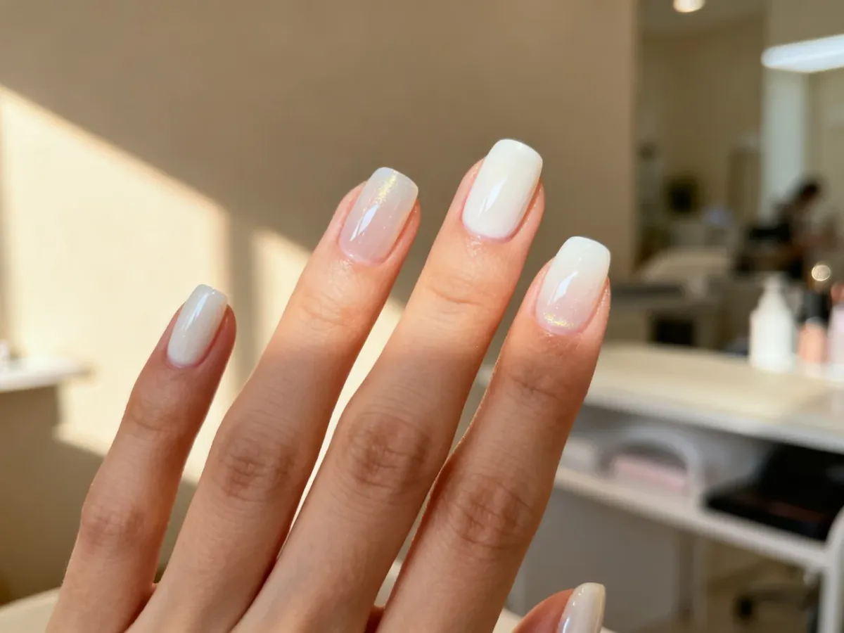 Profesjonalny manicure w odcieniu mlecznej bieli z eleganckim, półtransparentnym wykończeniem w świetle dziennym.