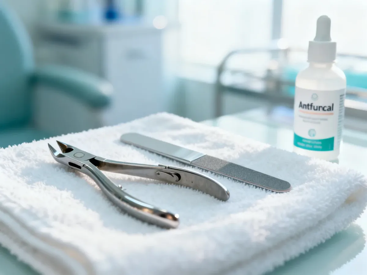 Profesjonalne narzędzia podologiczne ze stali nierdzewnej oraz preparat przeciwgrzybiczy przygotowane do zabiegu pedicure.