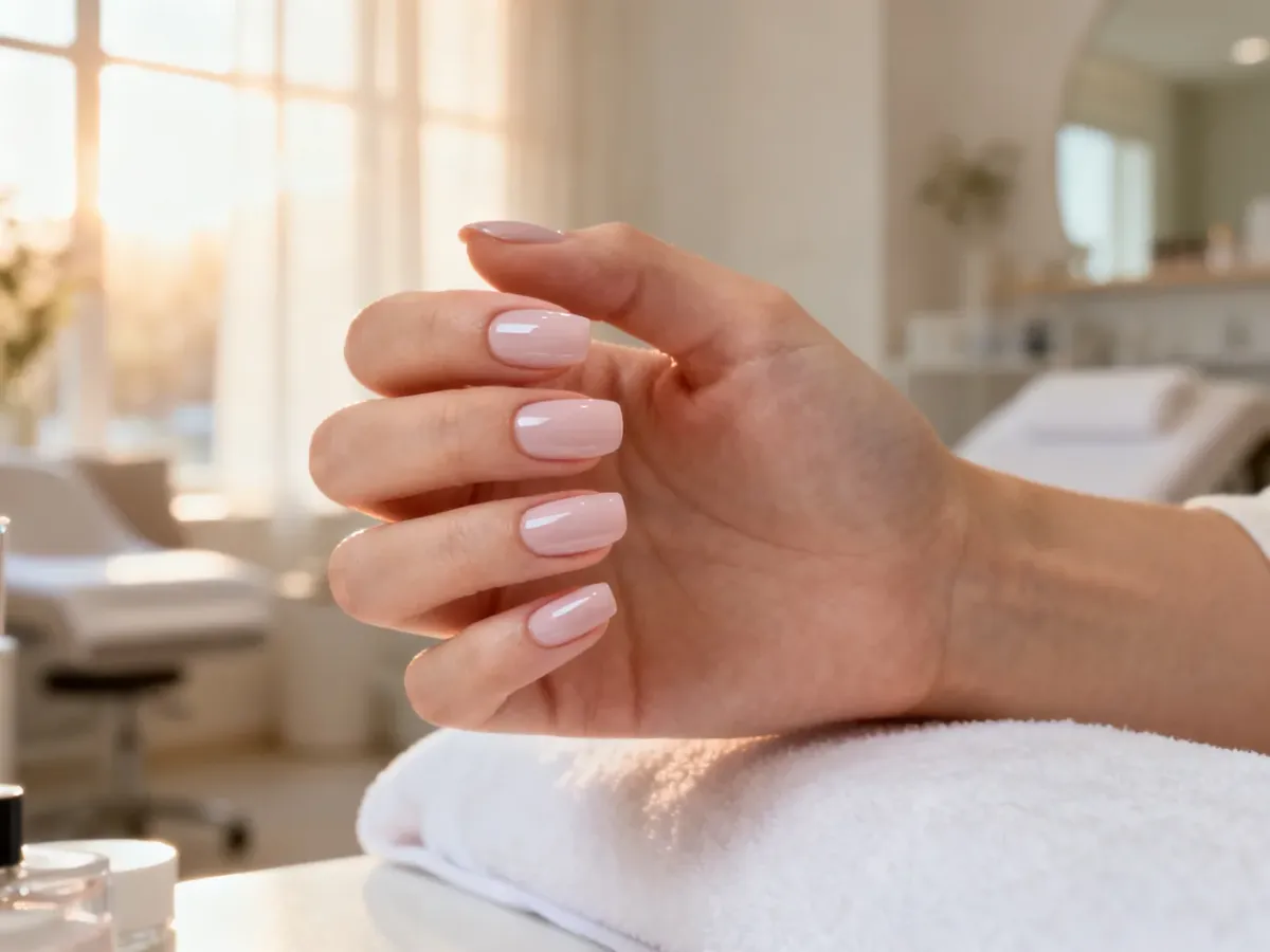 Zadbane dłonie z eleganckim, pastelowym manicure hybrydowym o lśniącym wykończeniu w jasnym, profesjonalnym wnętrzu spa.