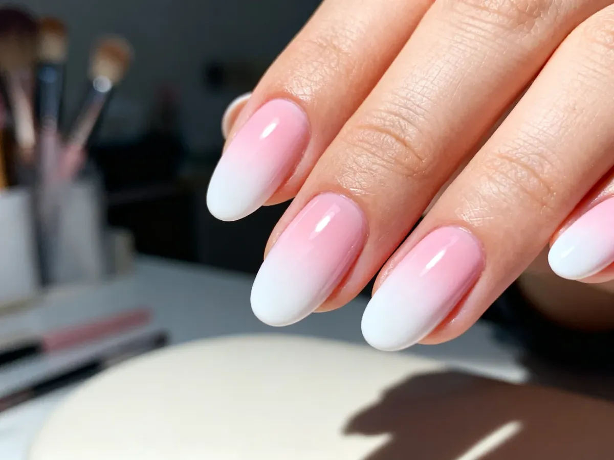 Dłoń z profesjonalnym manicure ombre, prezentująca płynne przejście koloru z pastelowego różu w biel.