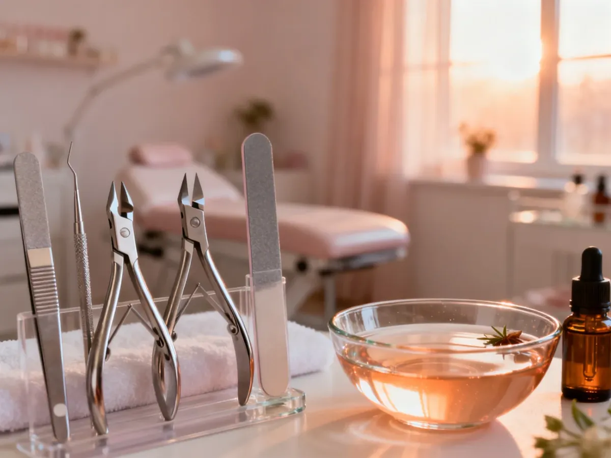 Profesjonalne narzędzia do manicure, pilnik i miseczka z wodą przygotowane do zabiegu w przytulnym salonie kosmetycznym.