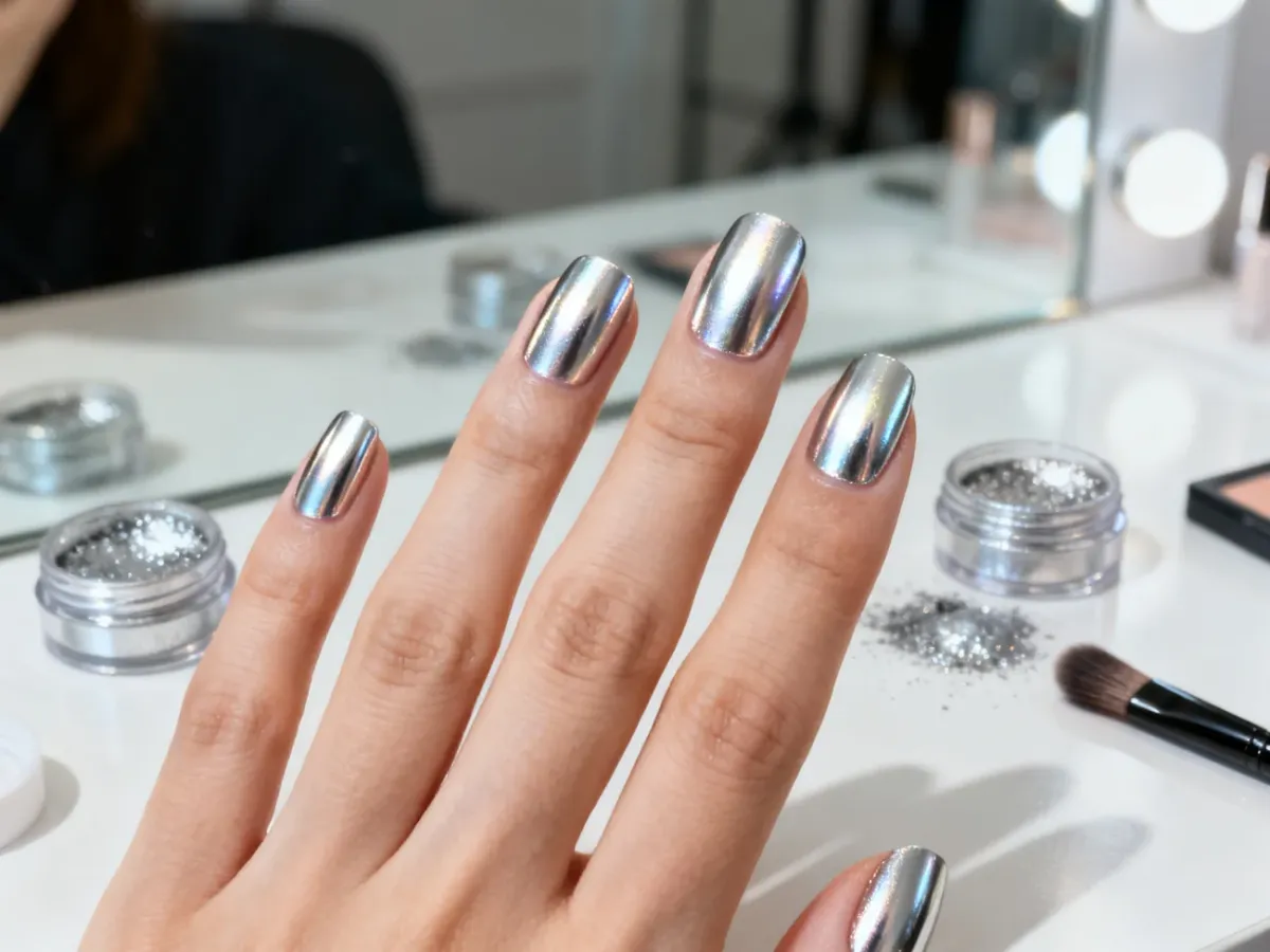 Dłoń z idealnie gładkim, lustrzanym manicure w odcieniu chromu, prezentująca efekt końcowy stylizacji paznokci.