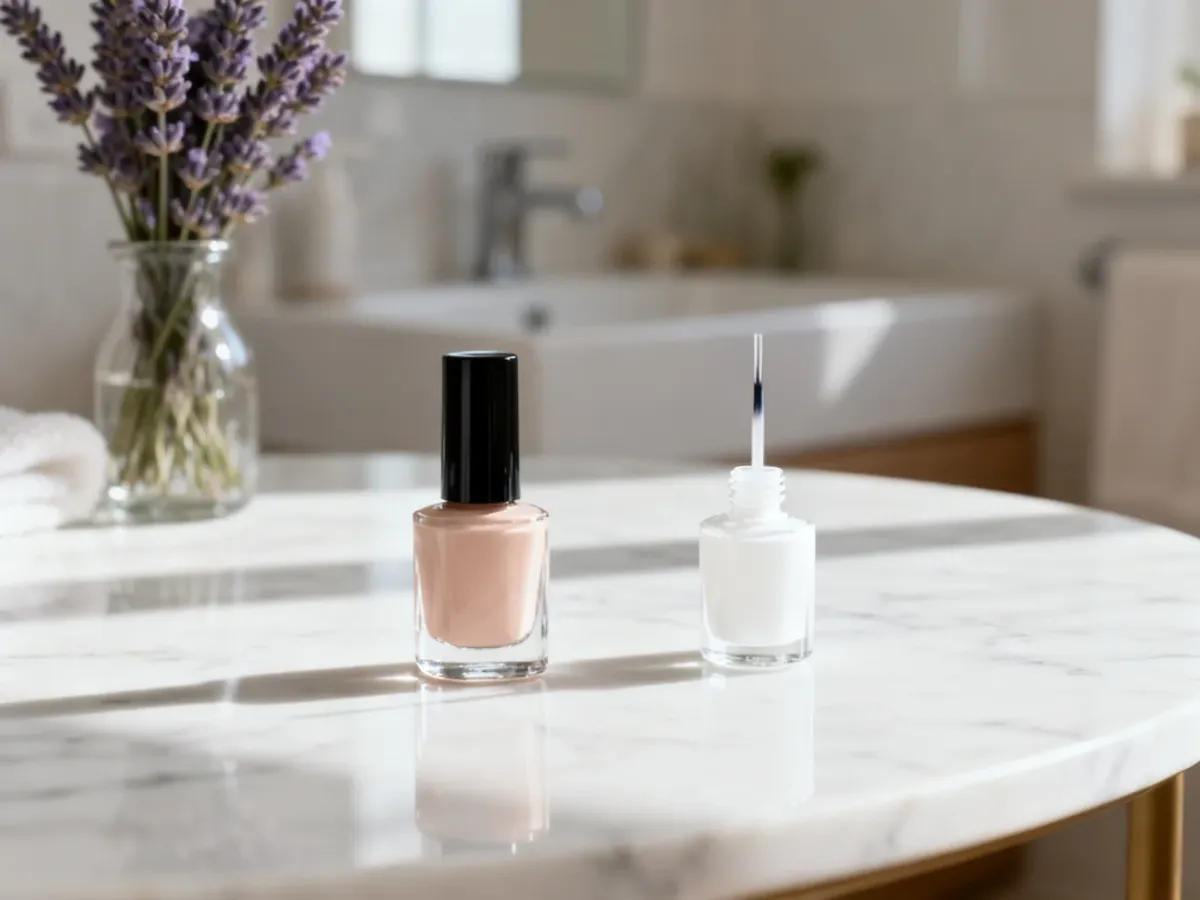 Zestaw do manicure z lakierami w odcieniach nude i bieli na marmurowym blacie, przygotowany do wykonania french manicure.